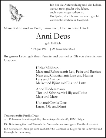 Anzeige von Anni Deus 