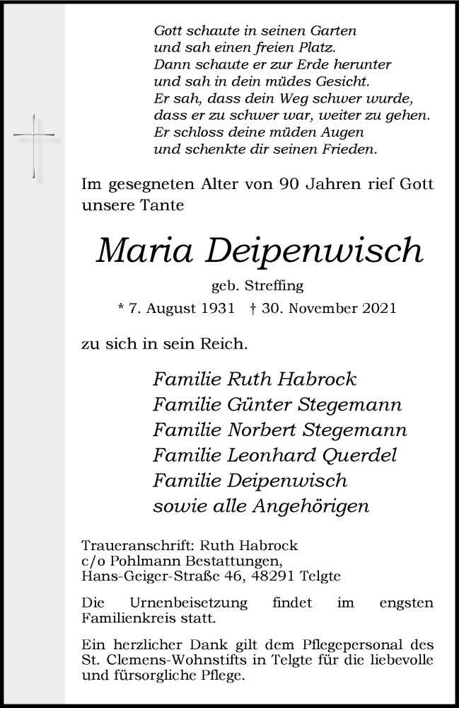  Traueranzeige für Maria Deipenwisch vom 11.12.2021 aus 