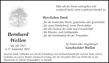 Anzeige von Bernhard Wellen 