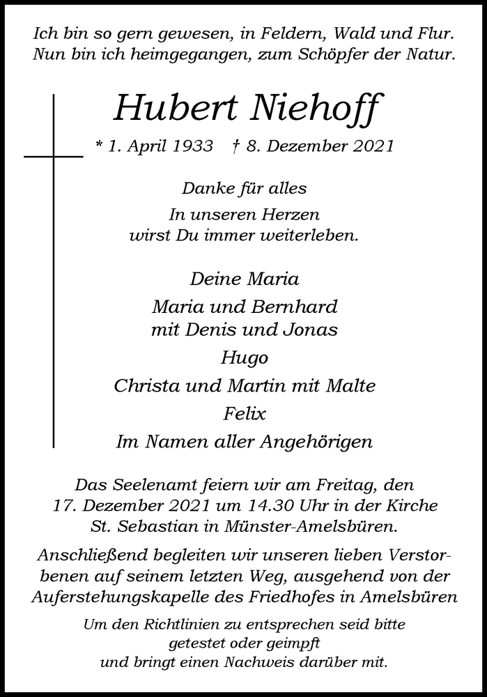  Traueranzeige für Hubert Niehoff vom 15.12.2021 aus 