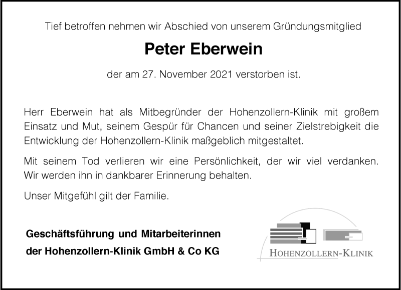  Traueranzeige für Peter Eberwein vom 04.12.2021 aus 