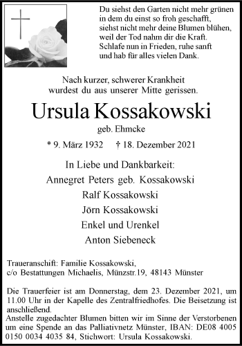 Anzeige von Ursula Kossakowski 
