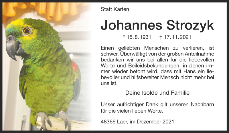  Traueranzeige für Johannes Strozyk vom 29.12.2021 aus 
