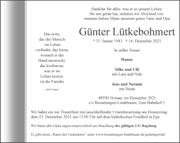 Anzeige von Günter Lütkebohmert 
