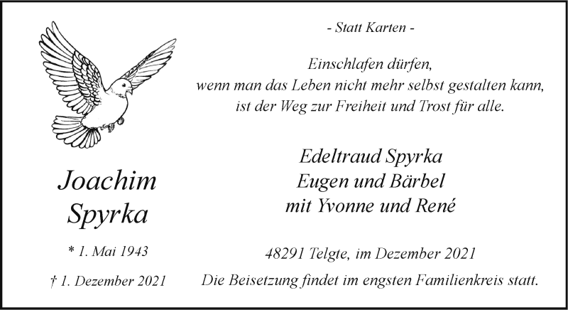  Traueranzeige für Joachim Spyrka vom 11.12.2021 aus 