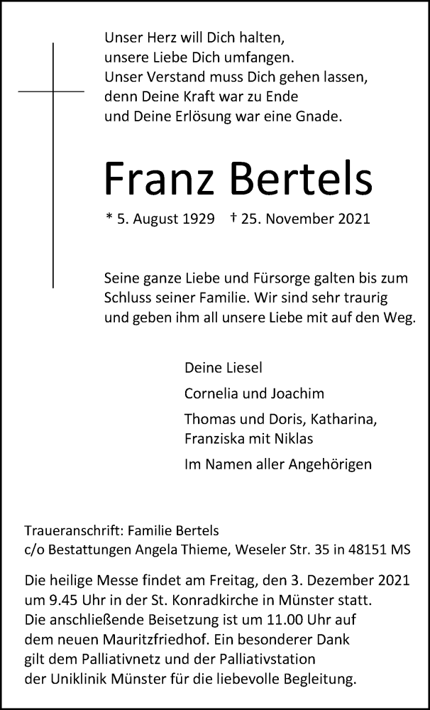 Traueranzeige für Franz Bertels vom 01.12.2021 aus 