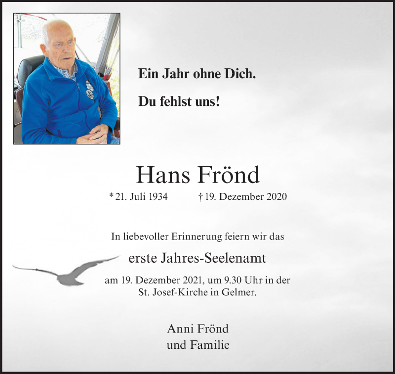  Traueranzeige für Hans Frönd vom 18.12.2021 aus 