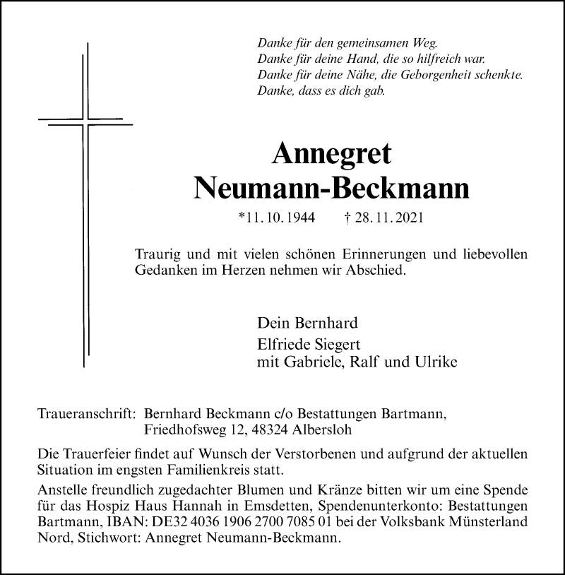  Traueranzeige für Annegret Neumann-Beckmann vom 04.12.2021 aus 