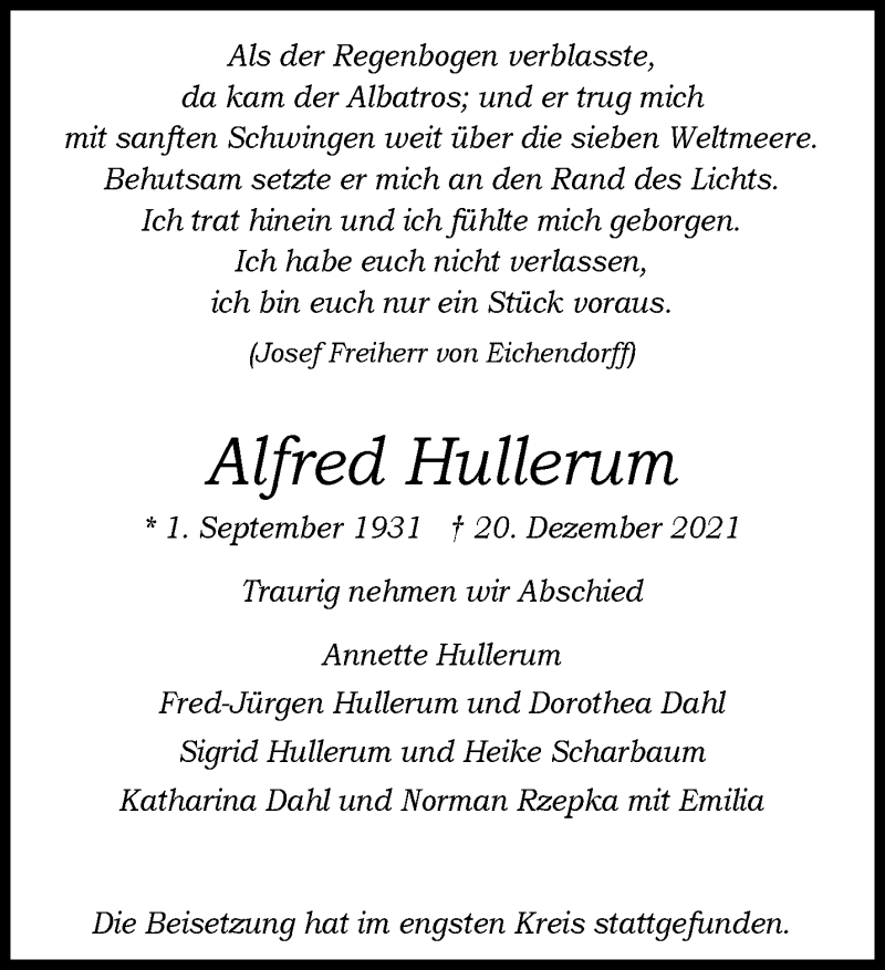 Traueranzeige für Alfred Hullerum vom 29.12.2021 aus 