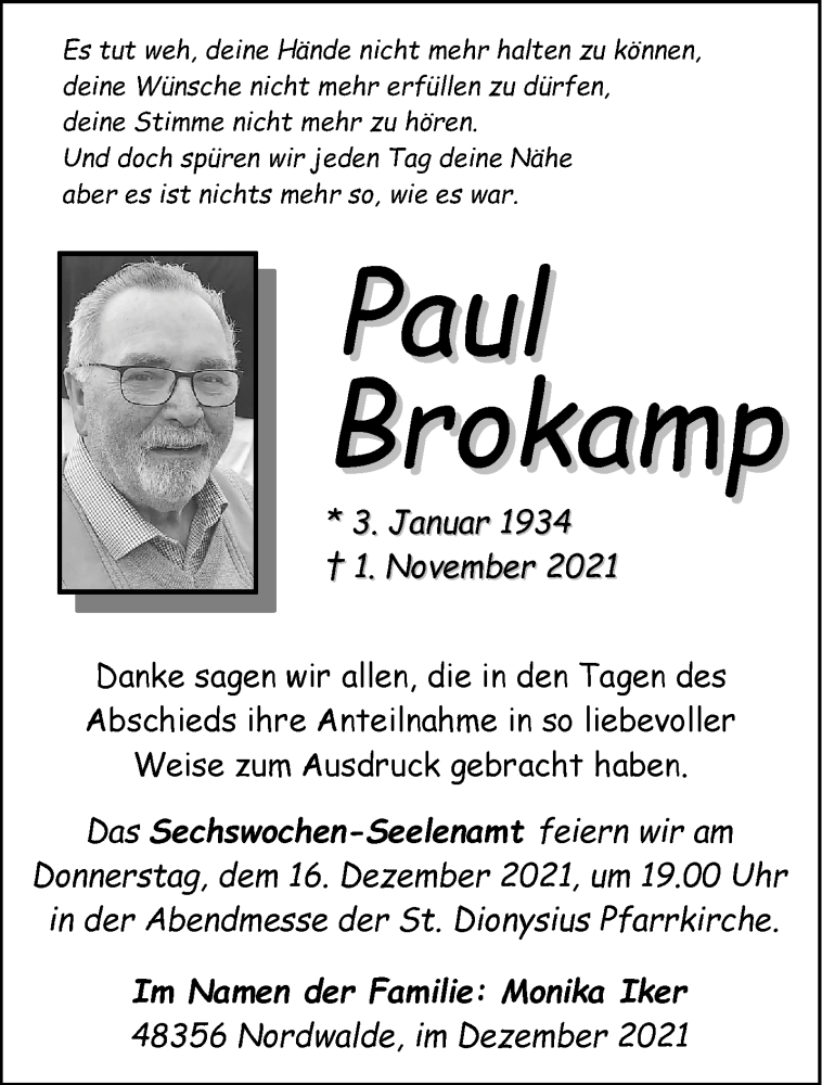  Traueranzeige für Paul Brokamp vom 11.12.2021 aus 