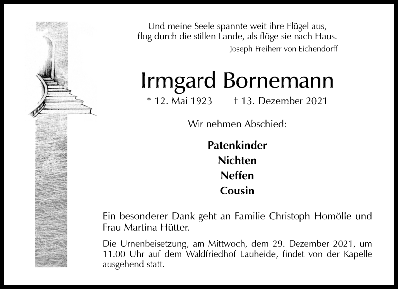  Traueranzeige für Irmgard Bornemann vom 22.12.2021 aus 
