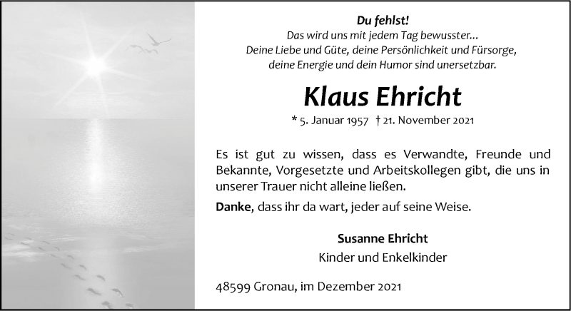  Traueranzeige für Klaus Ehricht vom 11.12.2021 aus 