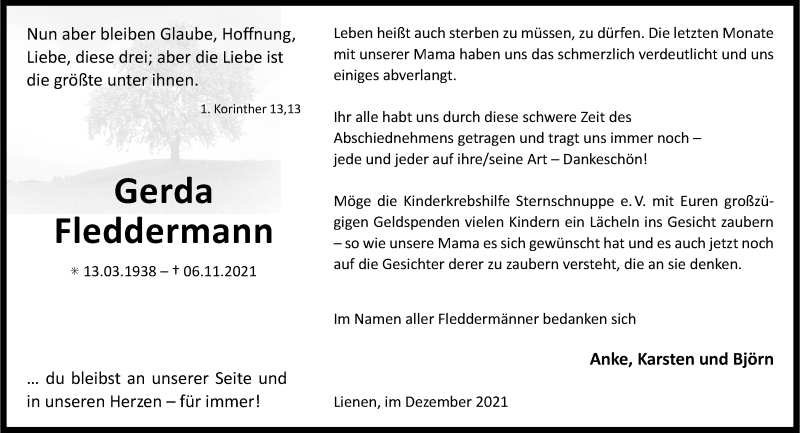  Traueranzeige für Gerda Fleddermann vom 18.12.2021 aus 