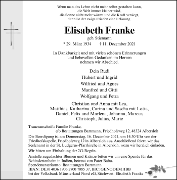 Anzeige von Elisabeth Franke 