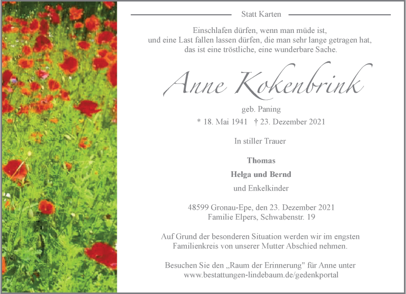  Traueranzeige für Anne Kokenbrink vom 29.12.2021 aus 