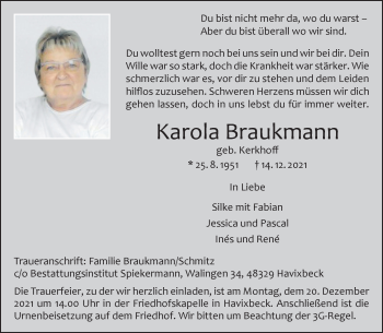 Anzeige von Karola Braukmann 
