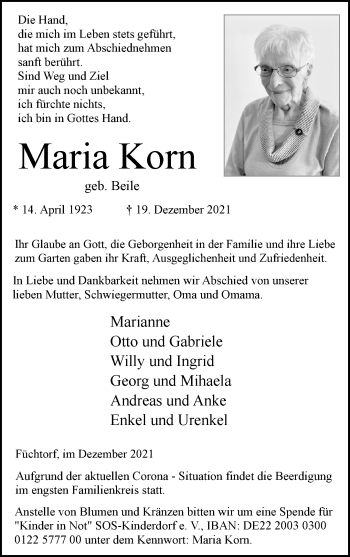 Anzeige von Maria Korn 