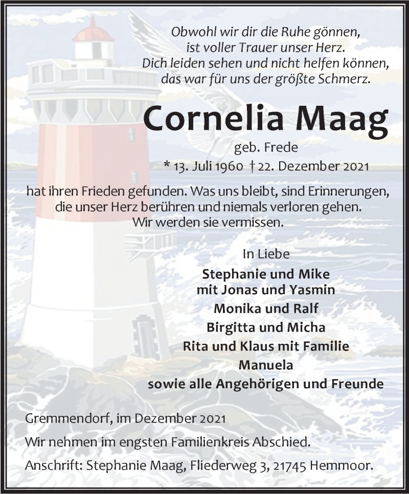  Traueranzeige für Cornelia Maag vom 31.12.2021 aus 