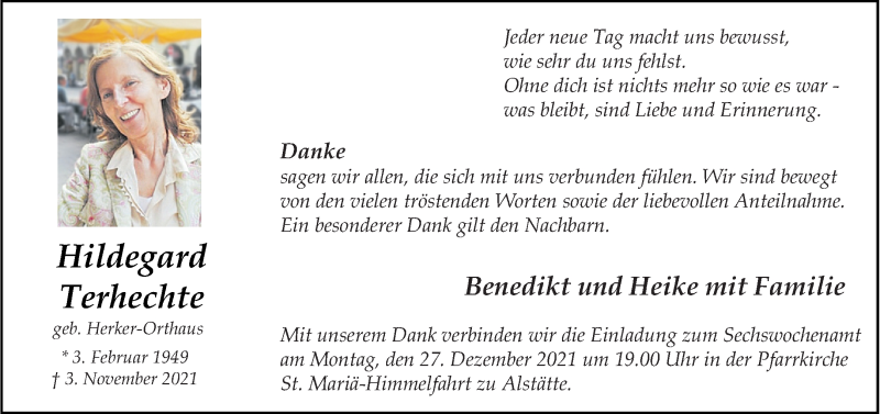  Traueranzeige für Hildegard Terhechte vom 23.12.2021 aus 