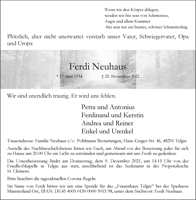  Traueranzeige für Ferdi Neuhaus vom 04.12.2021 aus 