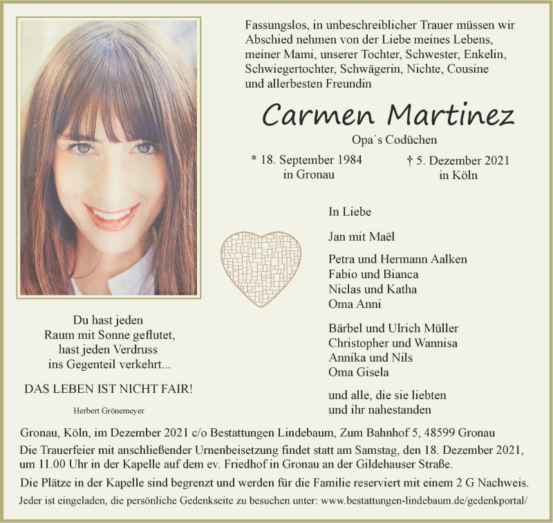  Traueranzeige für Carmen Martinez vom 11.12.2021 aus 