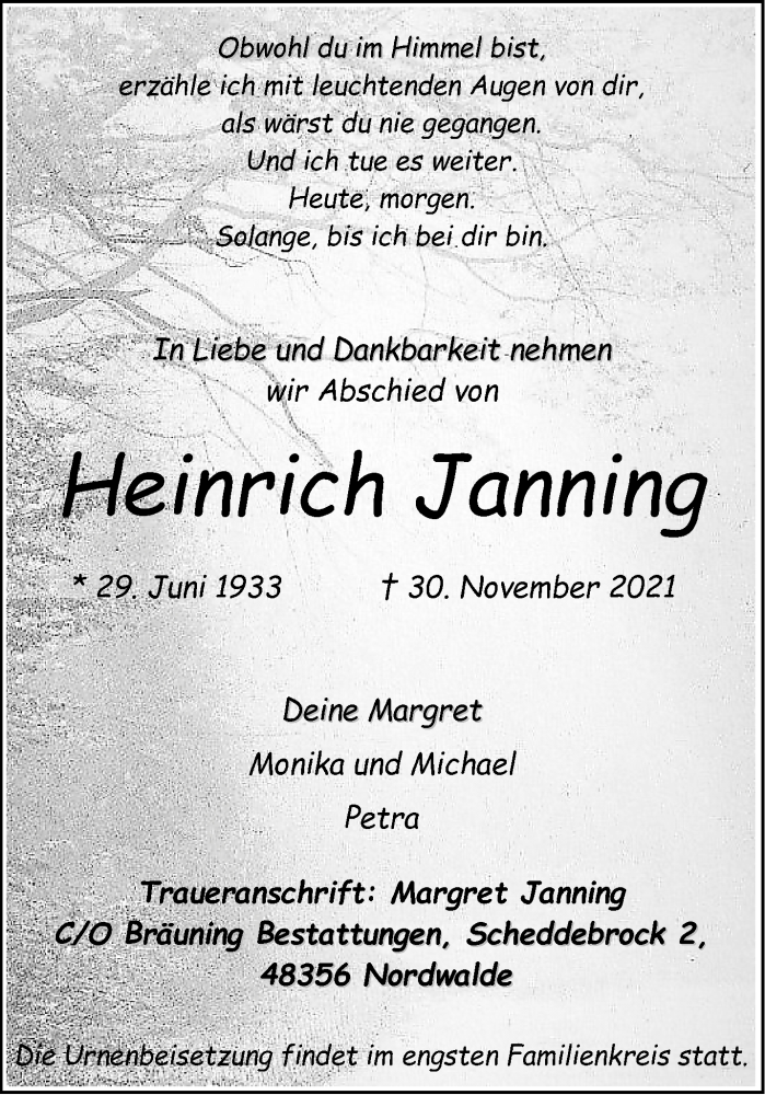 Traueranzeige für Heinrich Janning vom 04.12.2021 aus 