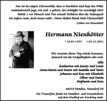 Anzeige von Hermann Nienkötter 