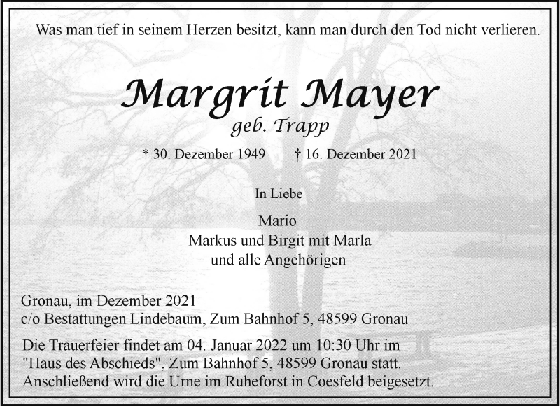  Traueranzeige für Margrit Mayer vom 22.12.2021 aus 