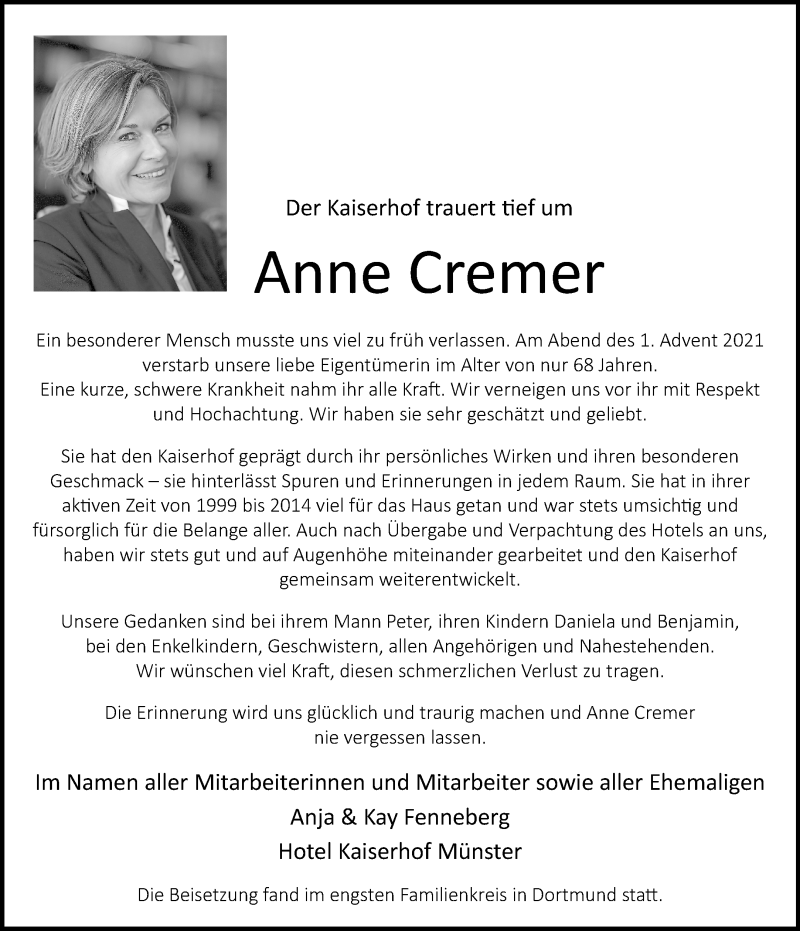  Traueranzeige für Anne Cremer vom 11.12.2021 aus 