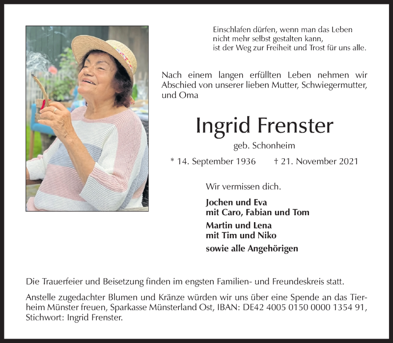  Traueranzeige für Ingrid Frenster vom 01.12.2021 aus 