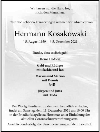 Anzeige von Hermann Kosakowski 