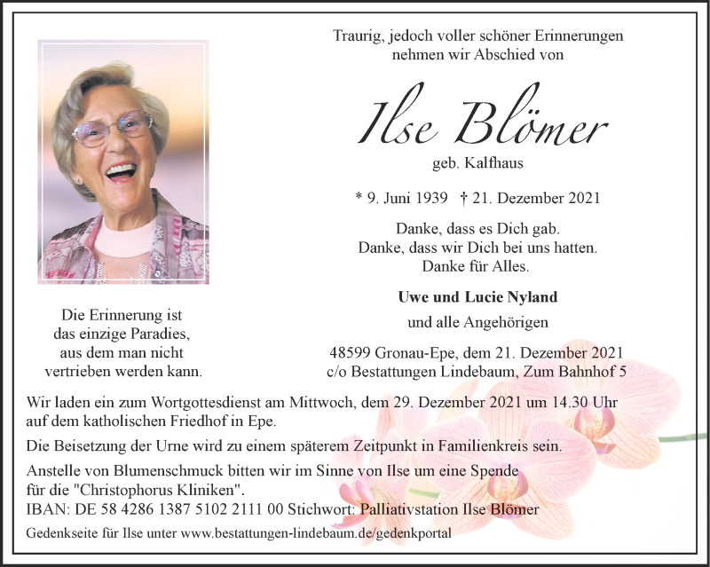  Traueranzeige für Ilse Blömer vom 24.12.2021 aus 