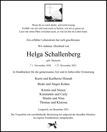 Anzeige von Helga Schallenberg 
