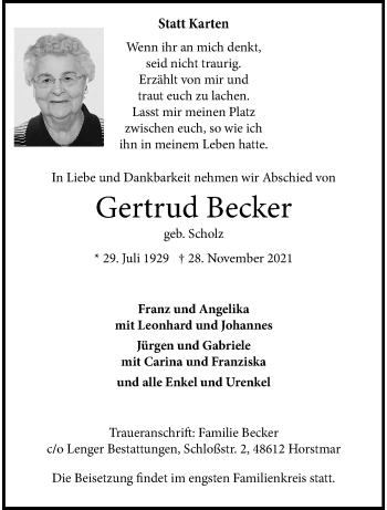 Anzeige von Gertrud Becker 