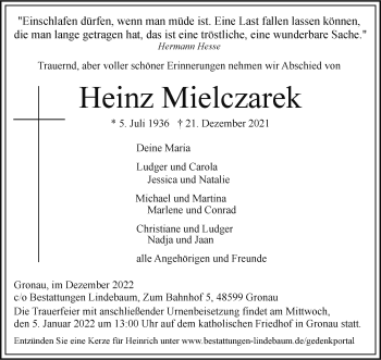 Anzeige von Heinz Mielczarek 