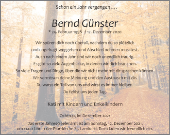 Anzeige von Bernd Günster 