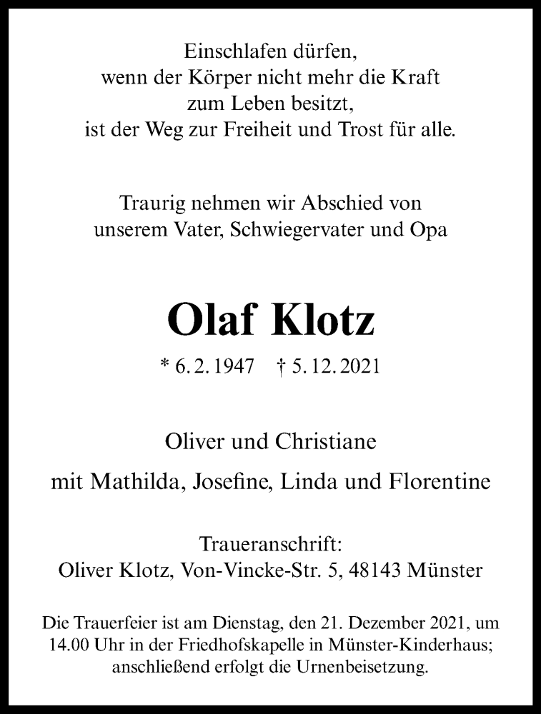  Traueranzeige für Olaf Klotz vom 11.12.2021 aus 