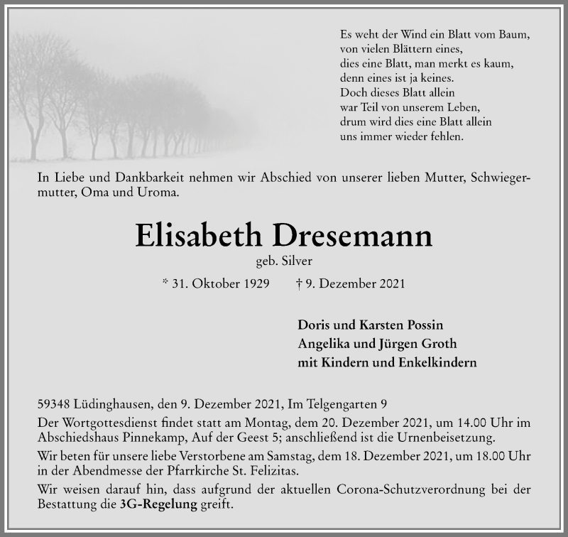  Traueranzeige für Elisabeth Dresemann vom 15.12.2021 aus 