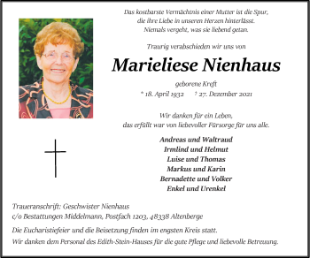 Anzeige von Marieliese Nienhaus 