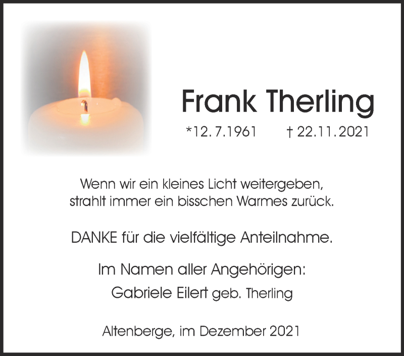  Traueranzeige für Frank Therling vom 29.12.2021 aus 