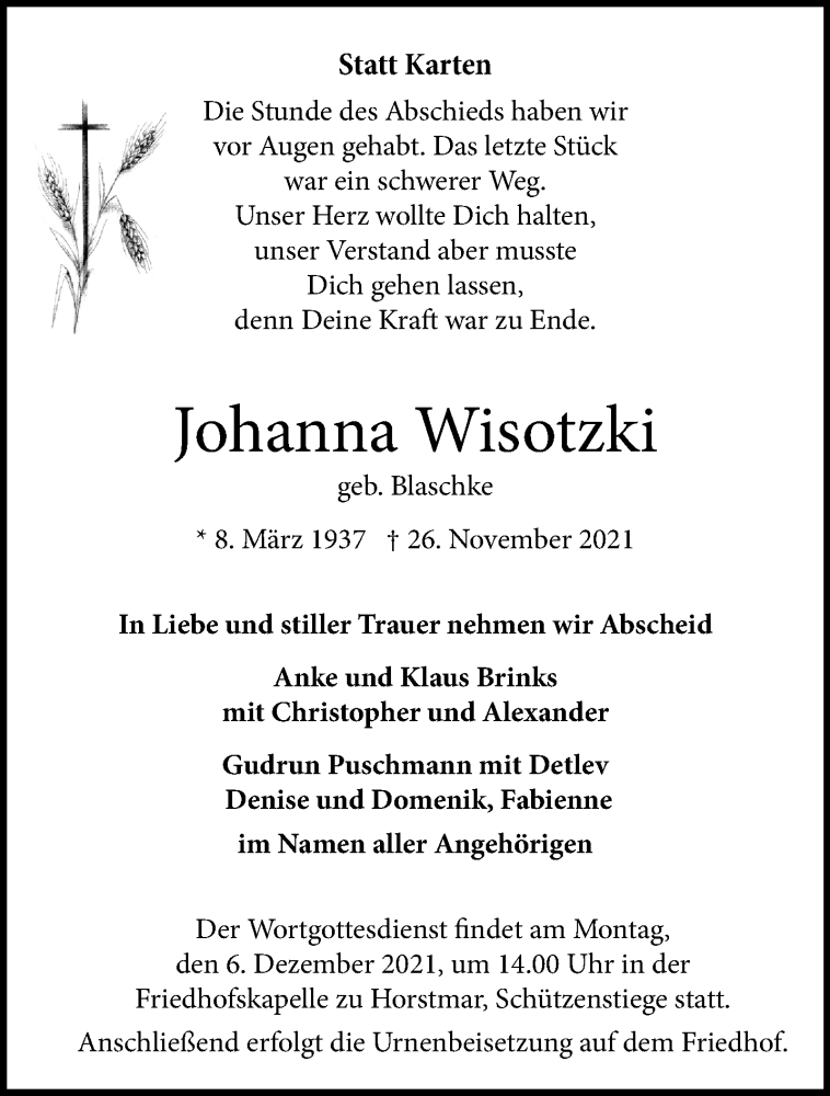  Traueranzeige für Johanna Wisotzki vom 04.12.2021 aus 