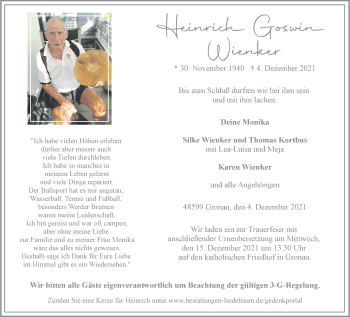 Anzeige von Heinrich Goswin Wienker 