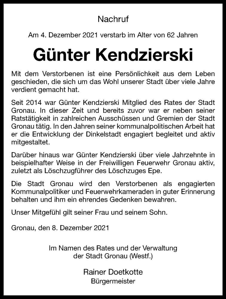  Traueranzeige für Günter Kendzierski vom 09.12.2021 aus 