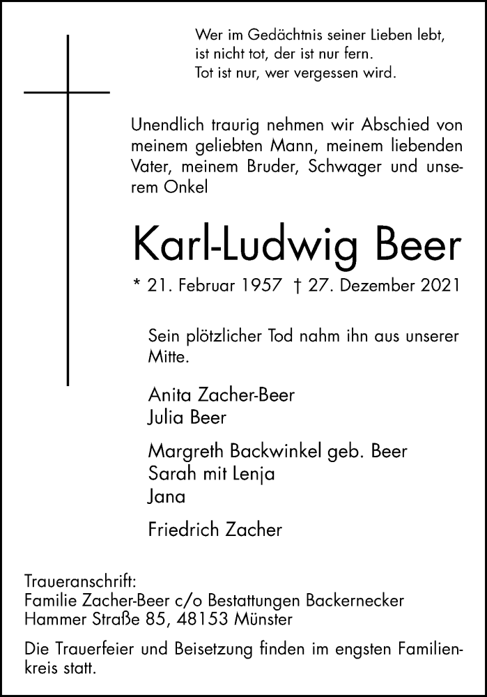  Traueranzeige für Karl-Ludwig Beer vom 31.12.2021 aus 