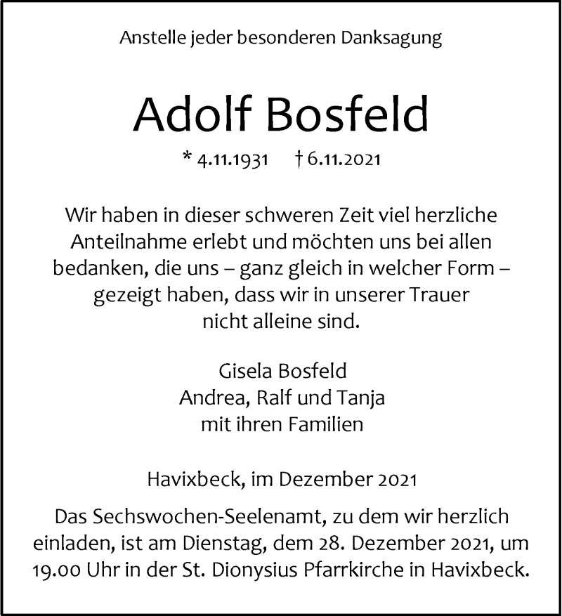  Traueranzeige für Adolf Bosfeld vom 24.12.2021 aus 
