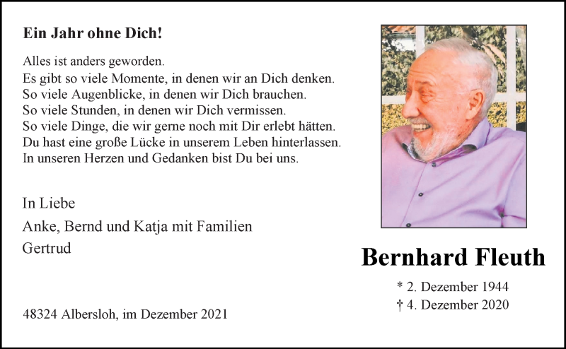  Traueranzeige für Bernhard Fleuth vom 04.12.2021 aus 