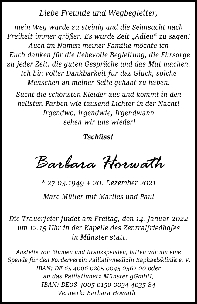  Traueranzeige für Barbara Horwath vom 31.12.2021 aus 