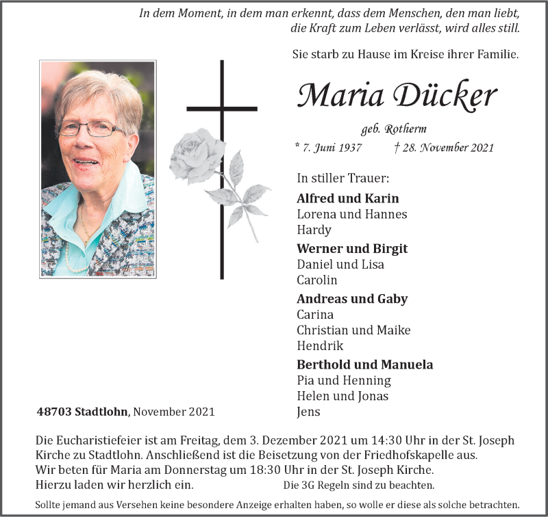  Traueranzeige für Maria Dücker vom 01.12.2021 aus 