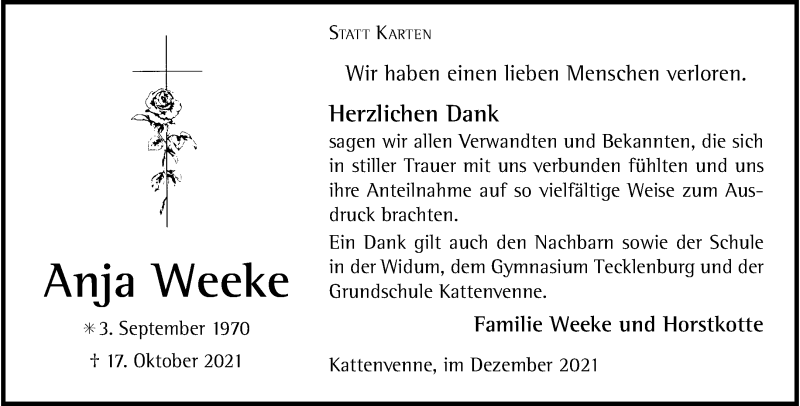  Traueranzeige für Anja Weeke vom 04.12.2021 aus 
