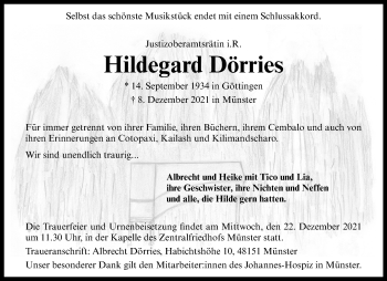 Anzeige von Hildegard Dörries 
